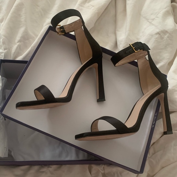 STUART WEITZMAN 100S Square Nudist Black Satin Sandal - Size 7.5 - Like New - Picture 6 of 11